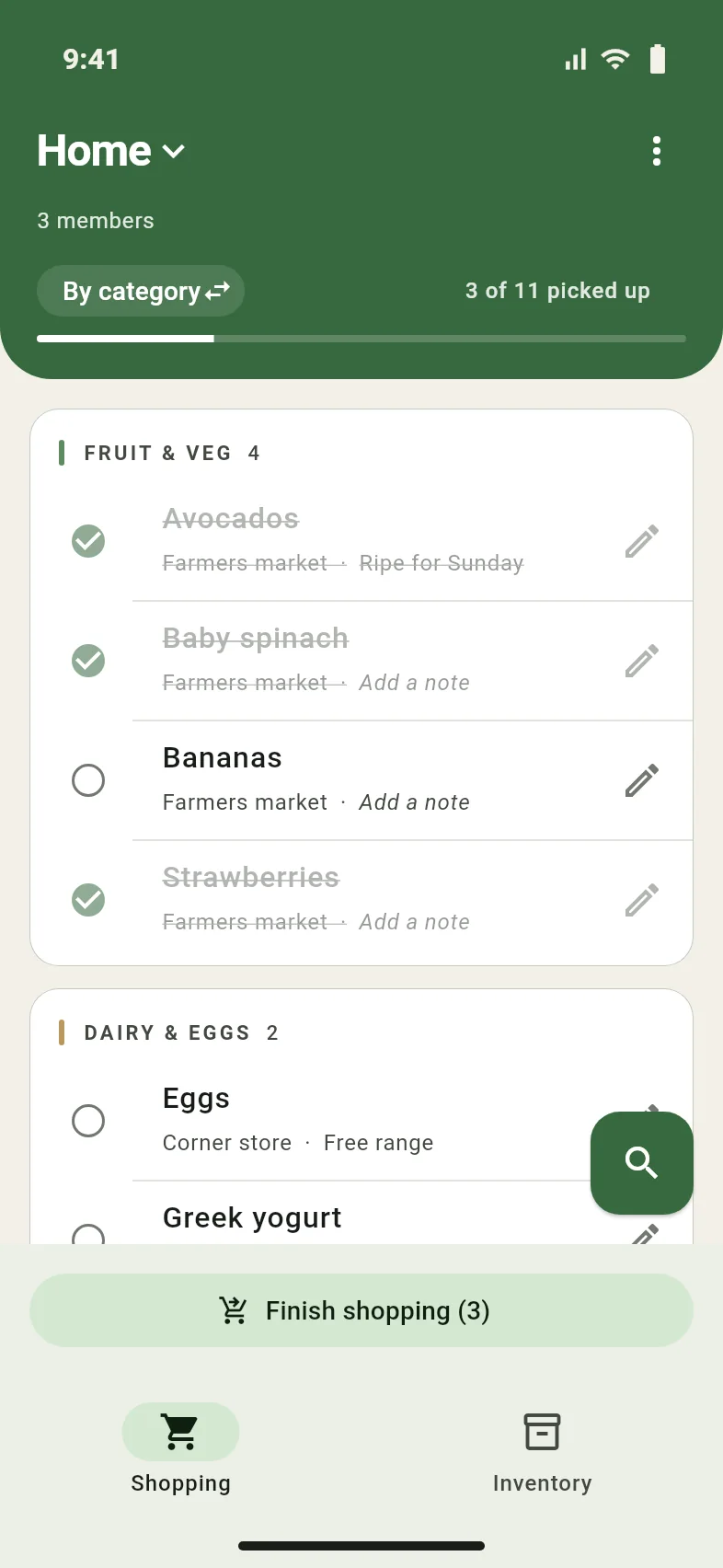Sprout's shopping list for a list called Home, with three items ticked off and Bananas just added