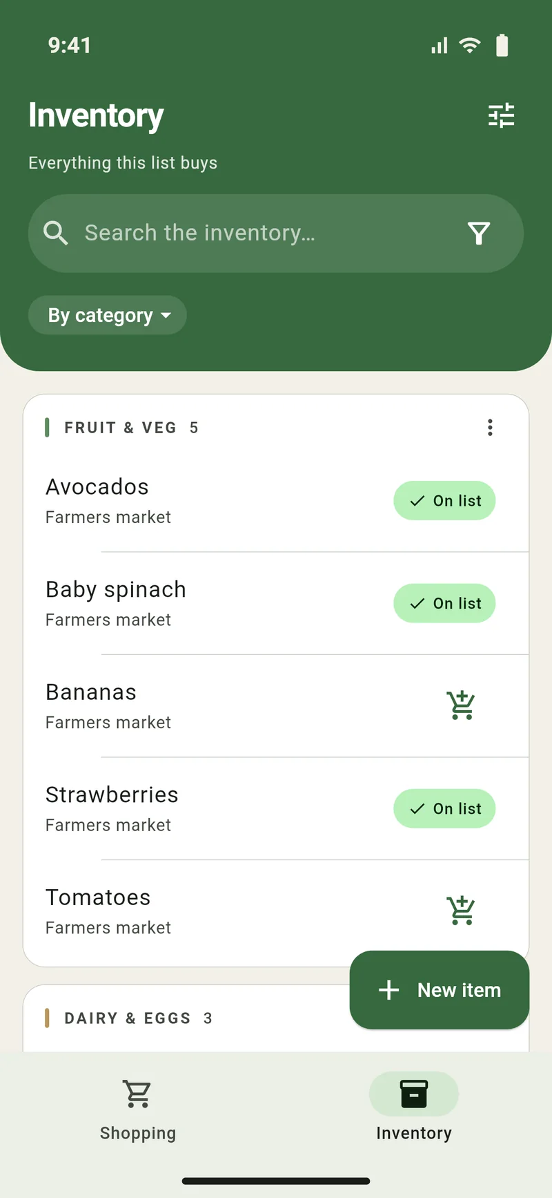 Sprout's Inventory tab: everything the list buys, grouped by category, with items already on the shopping list marked On list