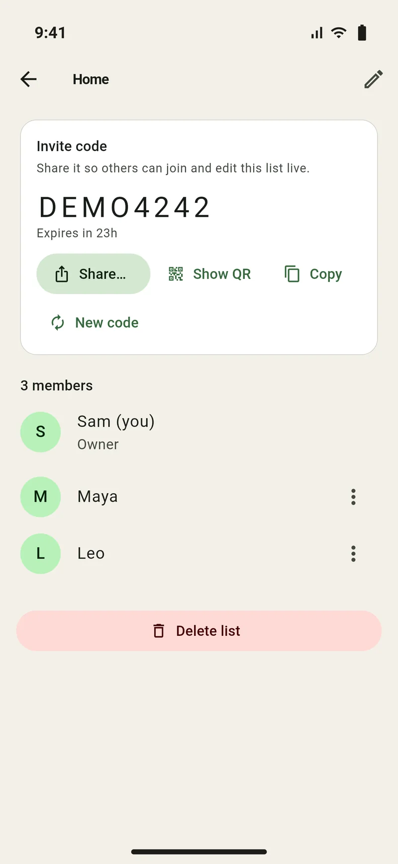 The invite code card: an 8-character code that expires in 23 hours, with Share, Show QR and Copy buttons
