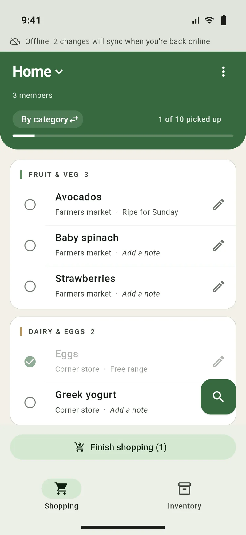 Sprout offline: a banner says 2 changes will sync when you're back online