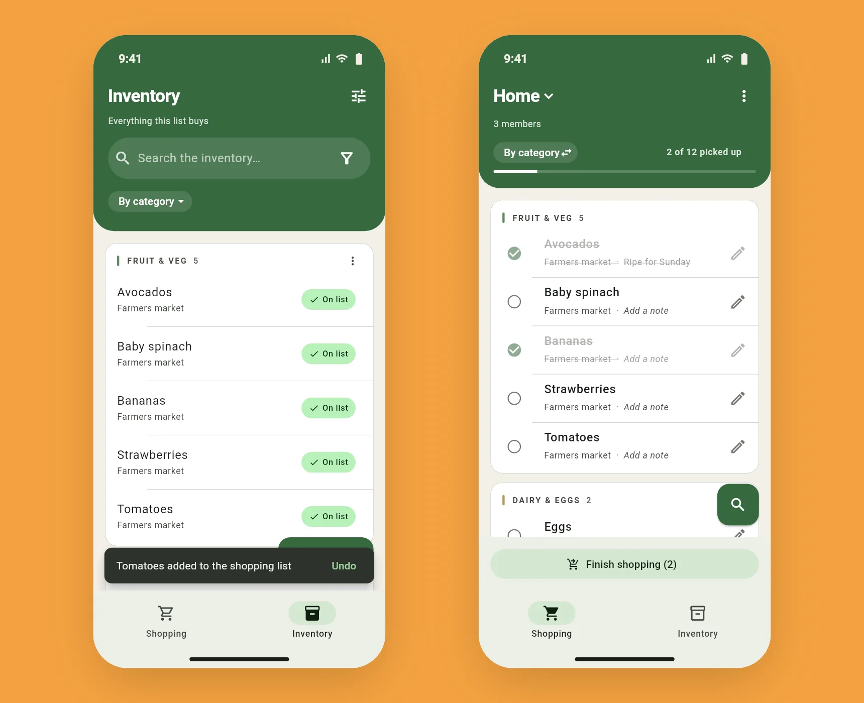 Two phones on the same list: the inventory at home and the shopping list at the store, both showing Bananas and Tomatoes on the list