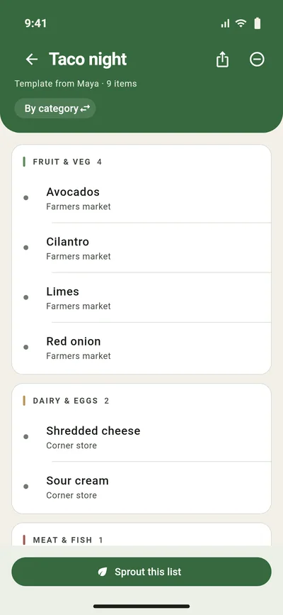 A template called Taco night from Maya, with a Sprout this list button