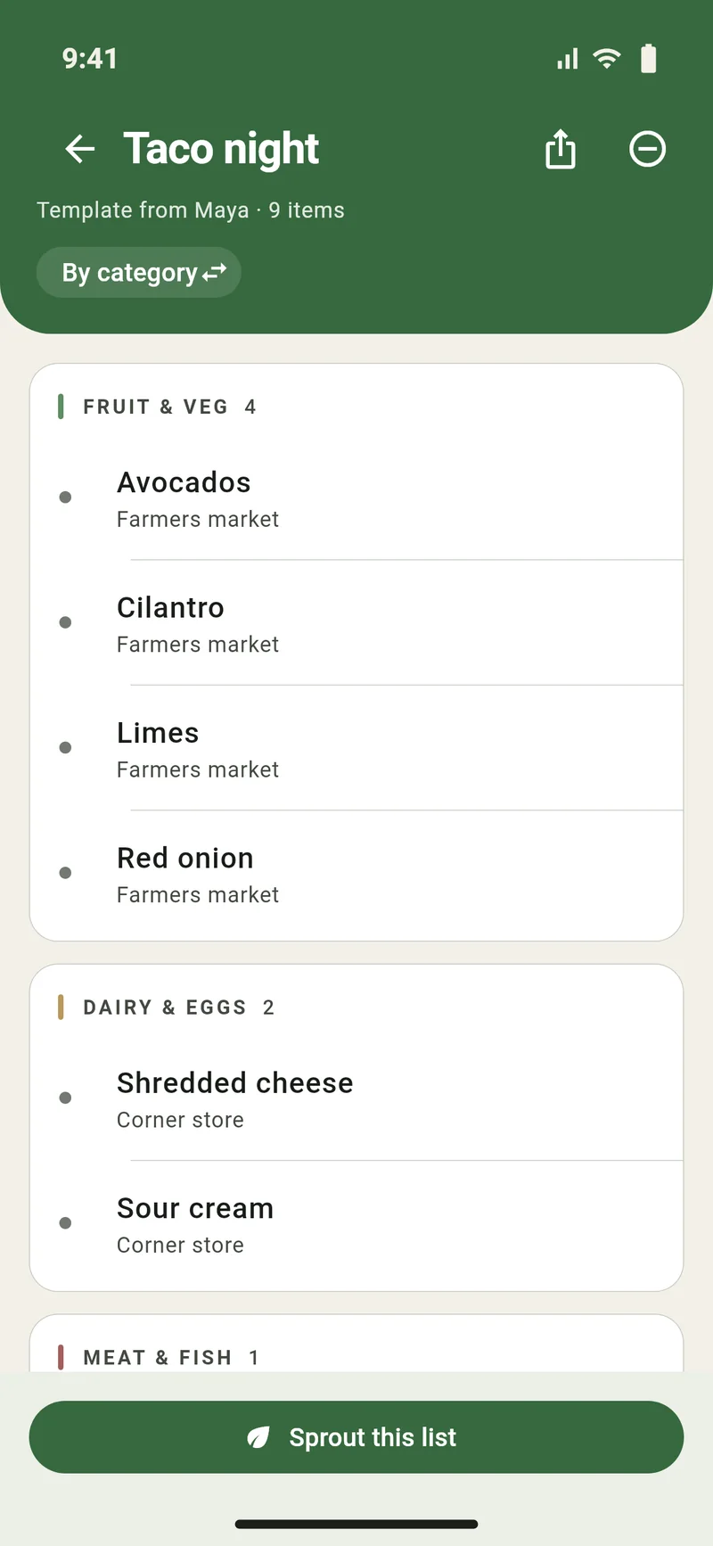 The bottom of a shared template, with the Sprout this list button